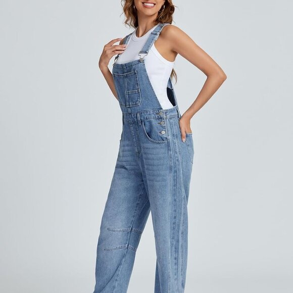 Women's Denim Overall Casual Straight Wide Leg Bib Jeans Overall Adjustable Stra - Picture 5 of 7